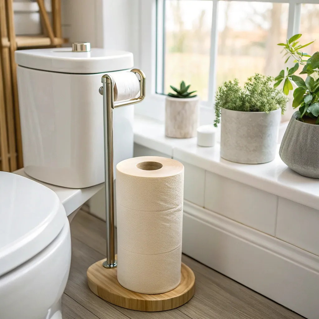 A bathroom scene showing a toilet with a chrome toilet paper holder. Beside it are three toilet paper rolls stacked on a wooden base. Potted plants and decor items are on the windowsill, providing a fresh touch.