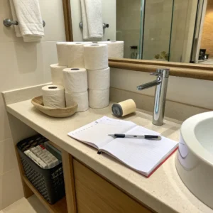 Bathroom countertop with stacked toilet paper rolls, a journal open with a pen on top, near a sink and faucet.