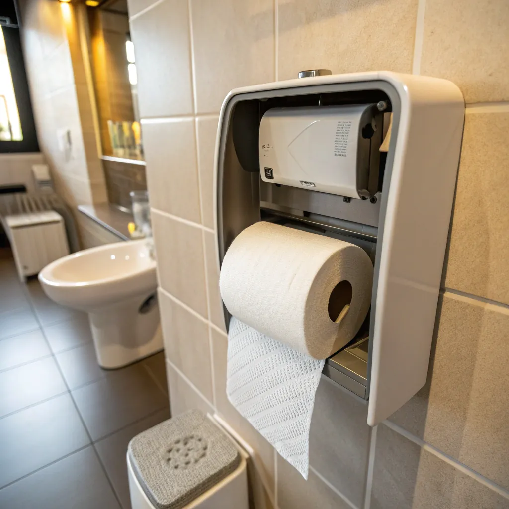 Toilet roll dispenser on a tiled wall in a modern bathroom with a sink and trash bin visible in the background.