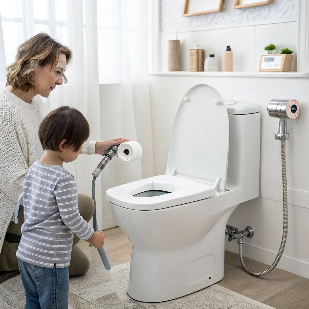 Child with short hair practicing toilet use with an adult's guidance, in a bright bathroom setting with a bidet and shelf decor.