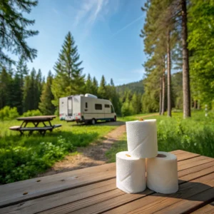 Three paper towel rolls stacked on a picnic table outdoors with an RV and forest in the background.