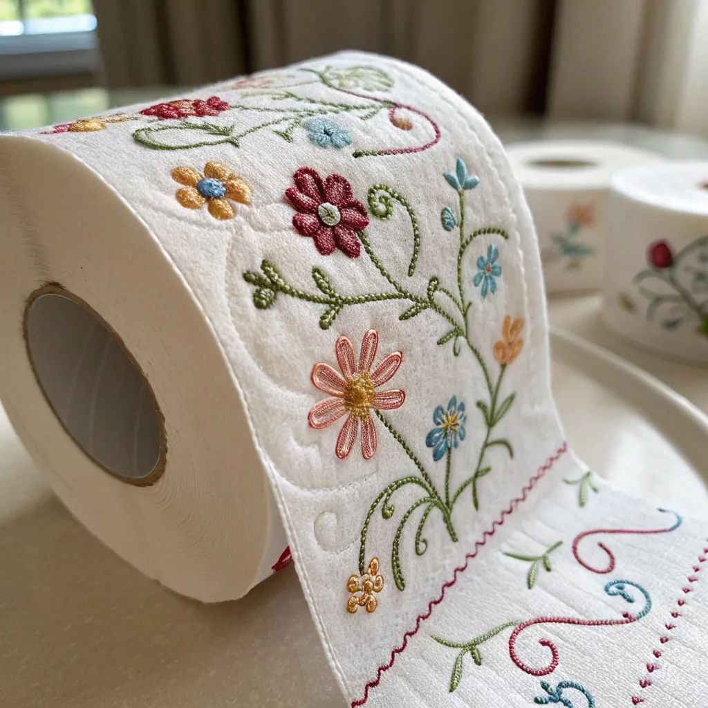 Toilet paper roll with embroidered floral patterns in various colors on a soft material, placed on a smooth surface.