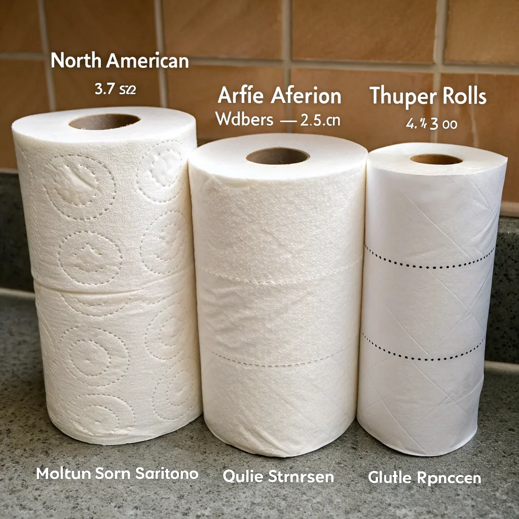 Three toilet paper rolls with varying sizes and textures, labeled with humorous fictional names and measurements.