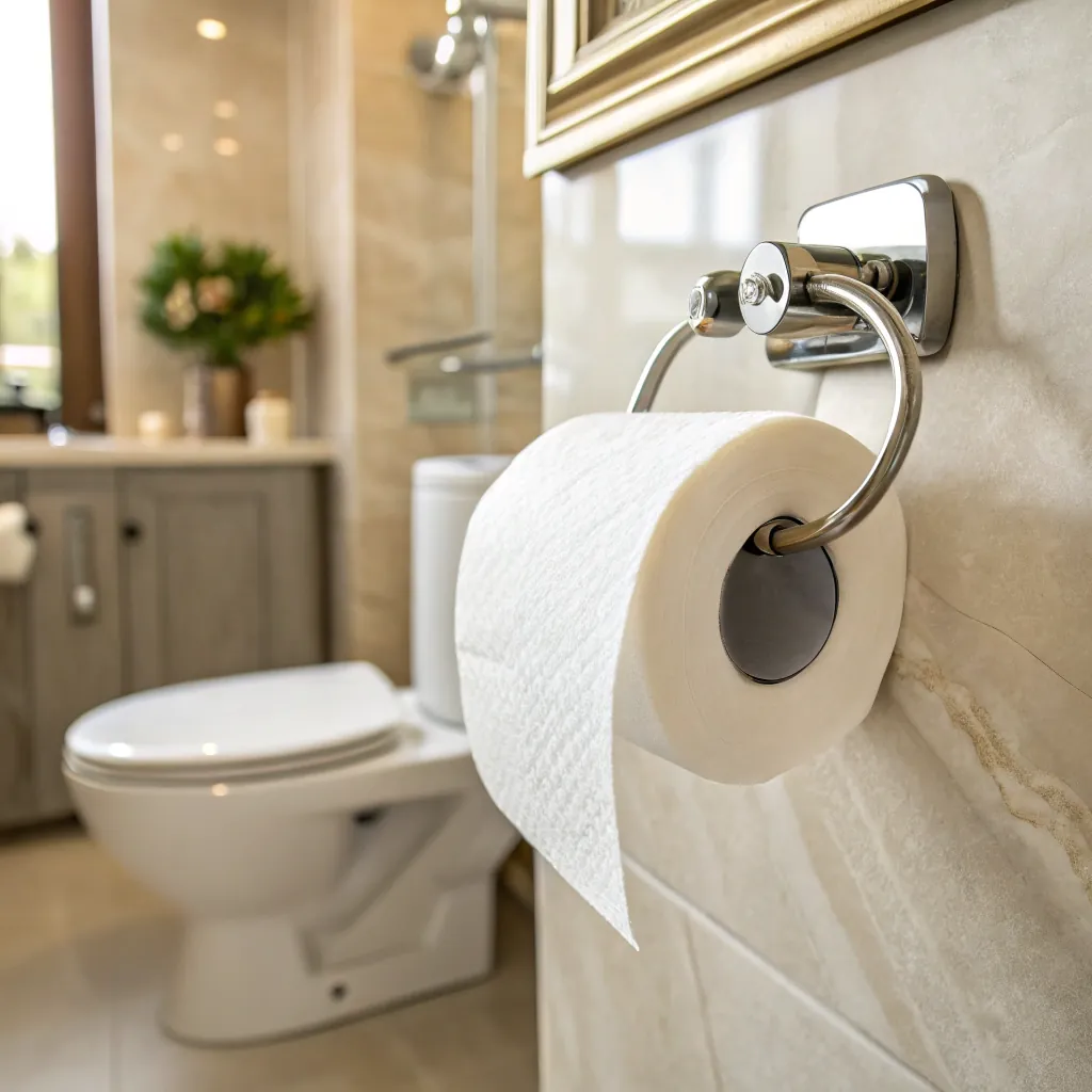 Stylish bathroom interior featuring a toilet paper roll on a chrome holder, with a toilet, decorative plants, and soft lighting in the background.