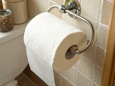 Toilet paper roll on a metal holder attached to a tiled bathroom wall, with a plant and jar in the background.