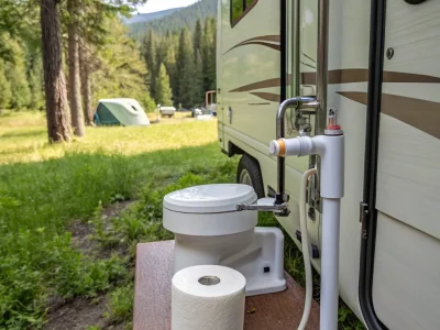 Outdoor toilet and paper towel near camper van in wooded campsite, with tents and forest in the background.