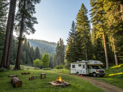 RV parked in a forest clearing with a campfire surrounded by trees under a clear sky.