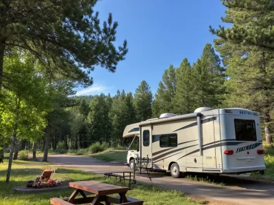 An RV parked in a forest campsite with a picnic table and campfire. Surrounded by tall pine trees under a clear blue sky.