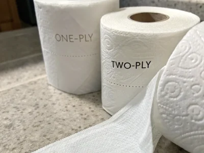 Two toilet paper rolls labeled one-ply and two-ply on a countertop, demonstrating their differences in texture and layering.