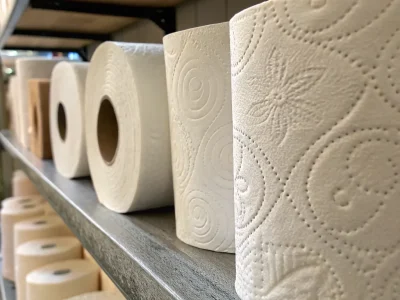 Various toilet paper rolls lined up on a wooden shelf, showcasing textured patterns and different sizes.
