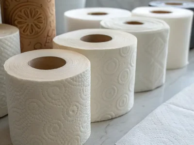 Various rolls of toilet paper with different patterns arranged on a marble counter near a window.