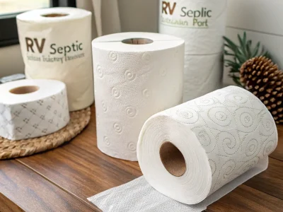 Assorted toilet paper rolls with different textures and branding on a wooden surface near a window.