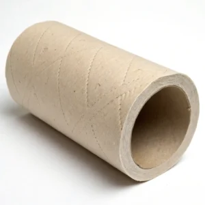 An empty cardboard paper towel tube on a white surface, showing its cylindrical shape and textured exterior.