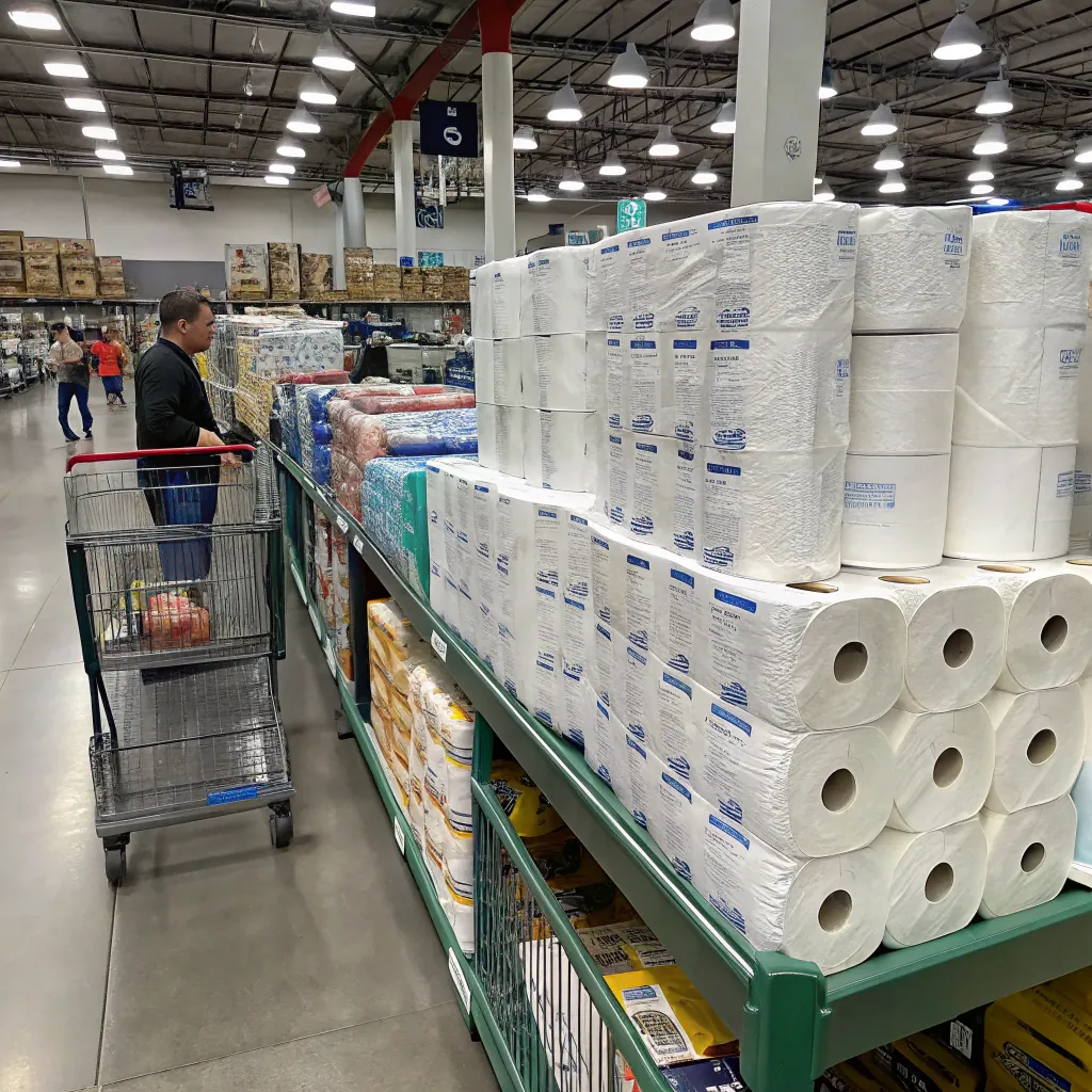A person shopping in a large wholesale store with shelves stacked with paper products and a shopping cart in the aisle.