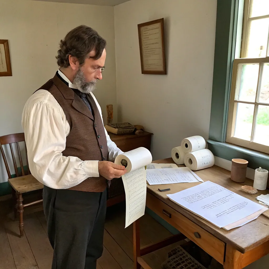 A person in period attire holds a roll of paper in a historical office setting, with a wooden desk covered in papers and a window letting in natural light.