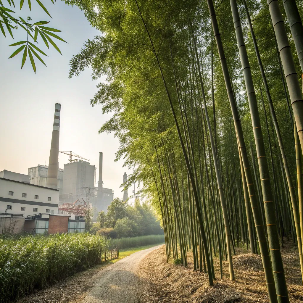 A large industrial plant with chimneys contrasts a serene bamboo forest, separated by a path. Light filters through the trees.