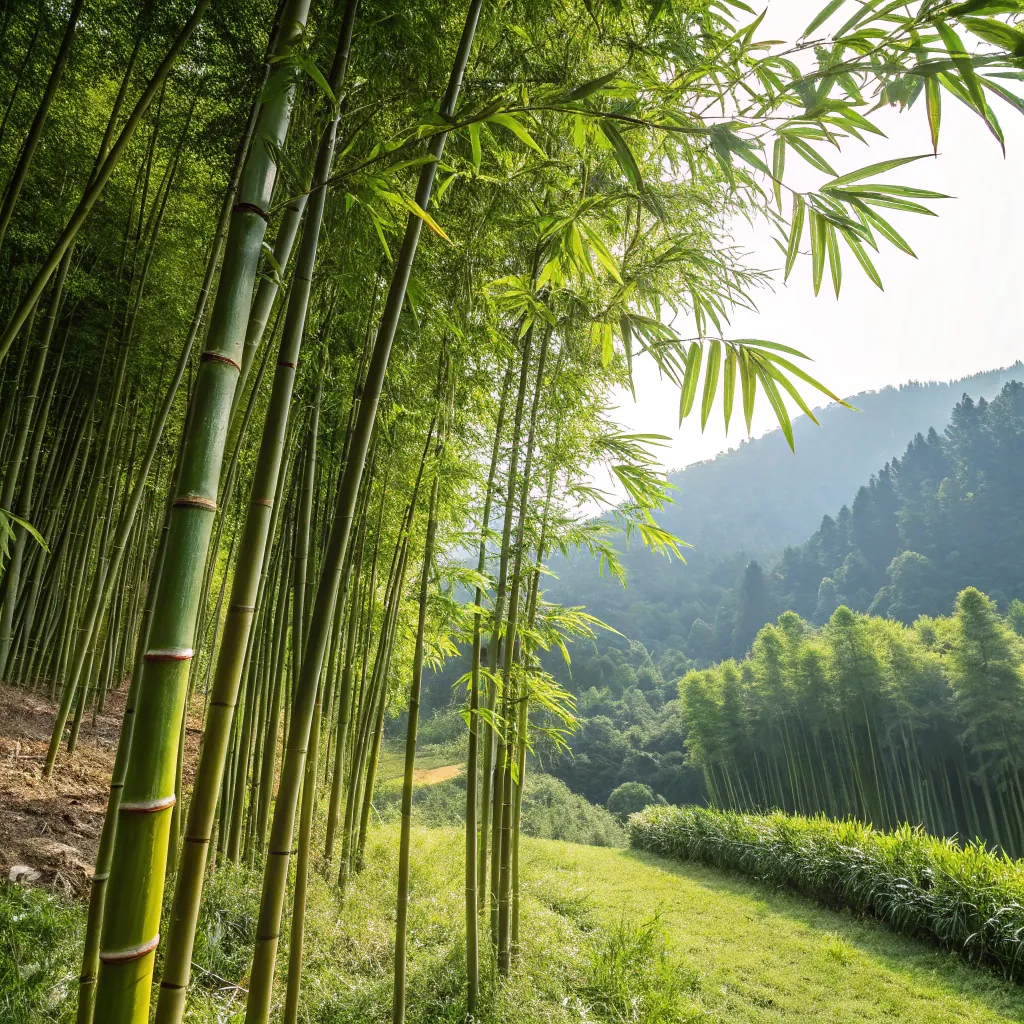 Lush green bamboo forest with tall stalks and leaves, sunlight filtering through, and hills in the background creating a serene atmosphere.