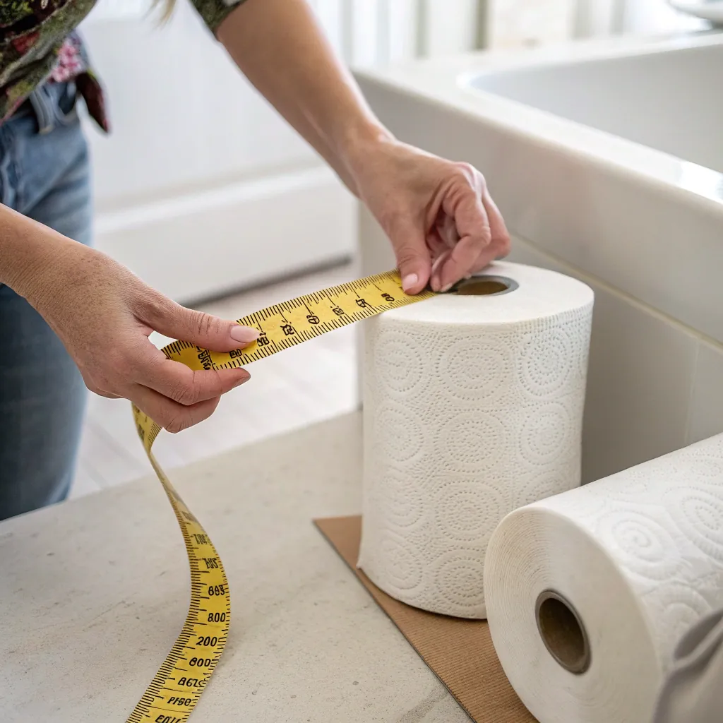 Person measuring the diameter of a paper towel roll with a yellow measuring tape on a countertop.