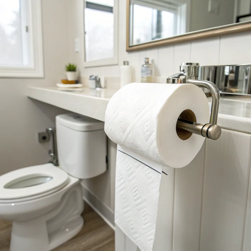Modern bathroom scene with toilet paper holder, decorative items, and a mirror, showcasing the clean and minimalist design.