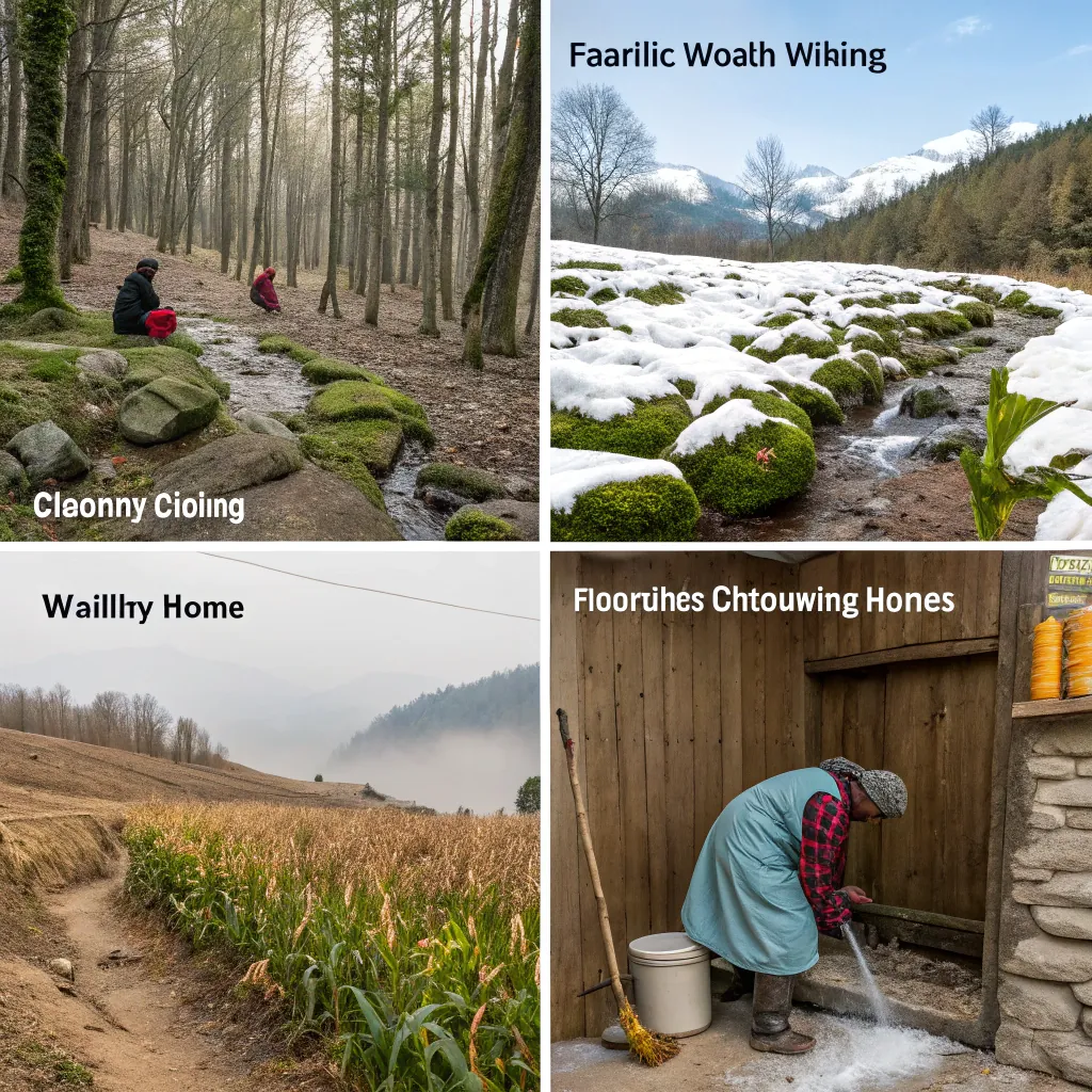 Compilation of various nature scenes including hiking, a snowy landscape, a rural path, and a person performing household chores outside.