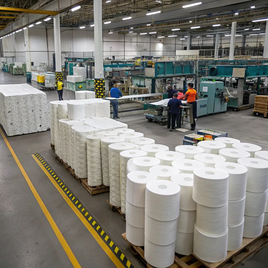 Stacks of large white paper rolls on pallets in a spacious industrial facility with workers operating machinery.