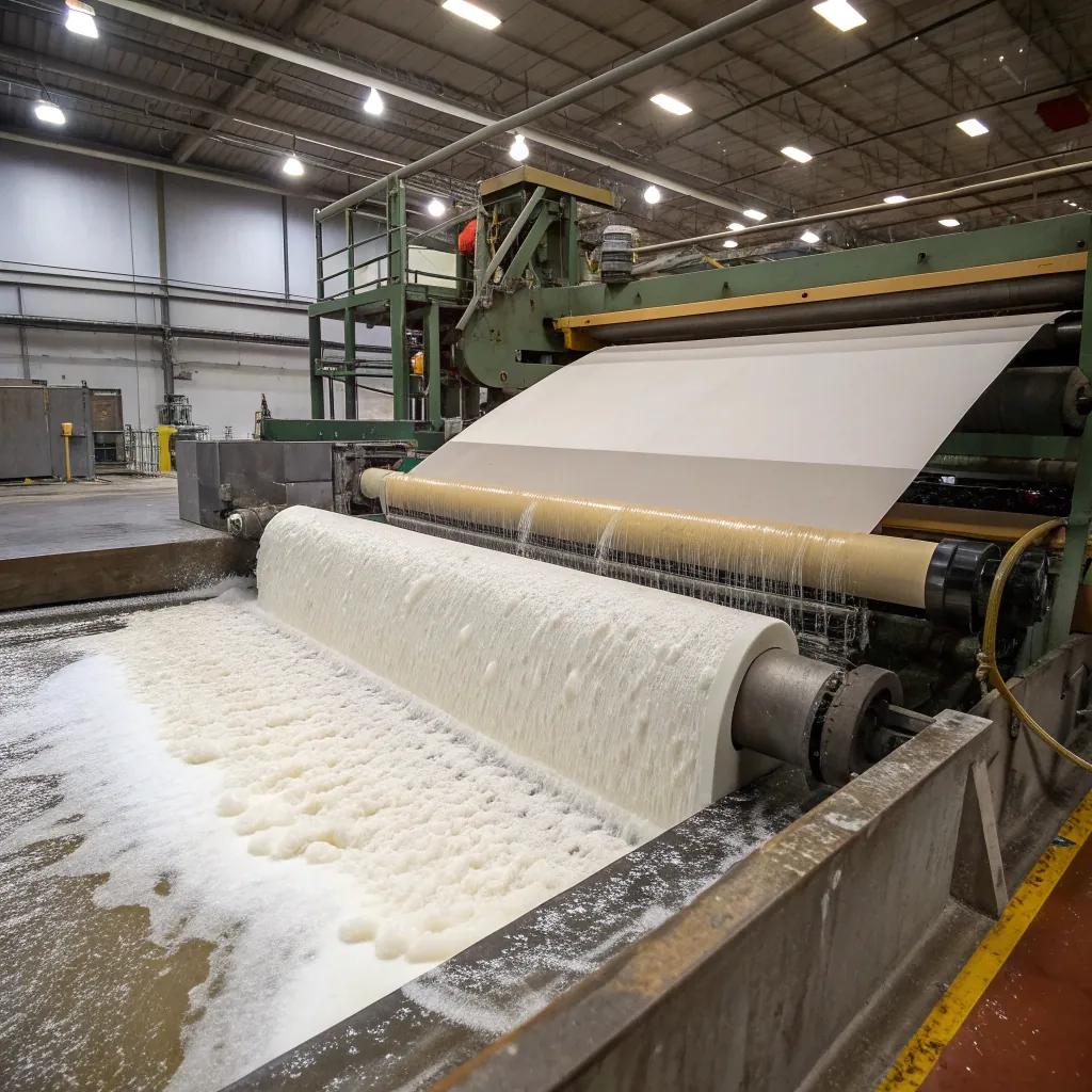 Paper mill machine with large rollers processing pulp into paper in an industrial facility with high ceilings and lighting.