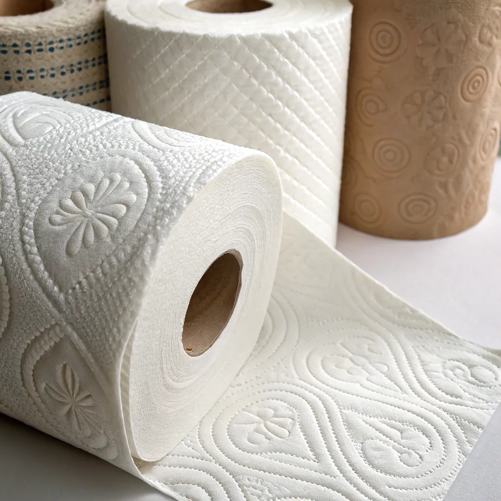Various rolls of toilet paper with embossed designs, showcasing white and brown textures in a neat arrangement.