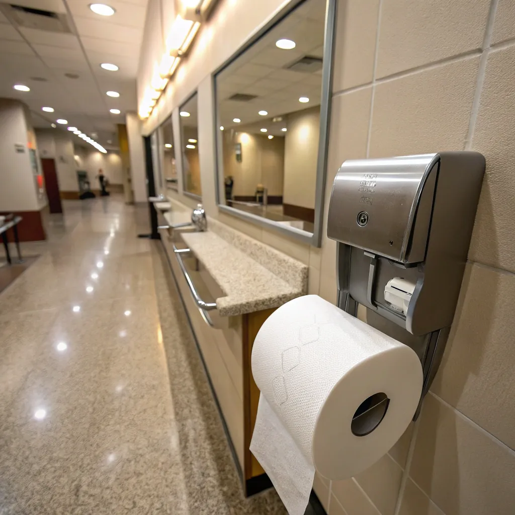 A modern public restroom hallway with large mirrors, granite countertop, and a paper towel dispenser on tiled wall.