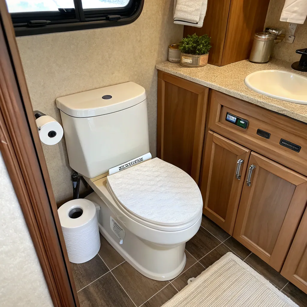 Interior of an RV bathroom with a toilet, wooden cabinet, and sink. A small potted plant and other toiletries are on the counter.