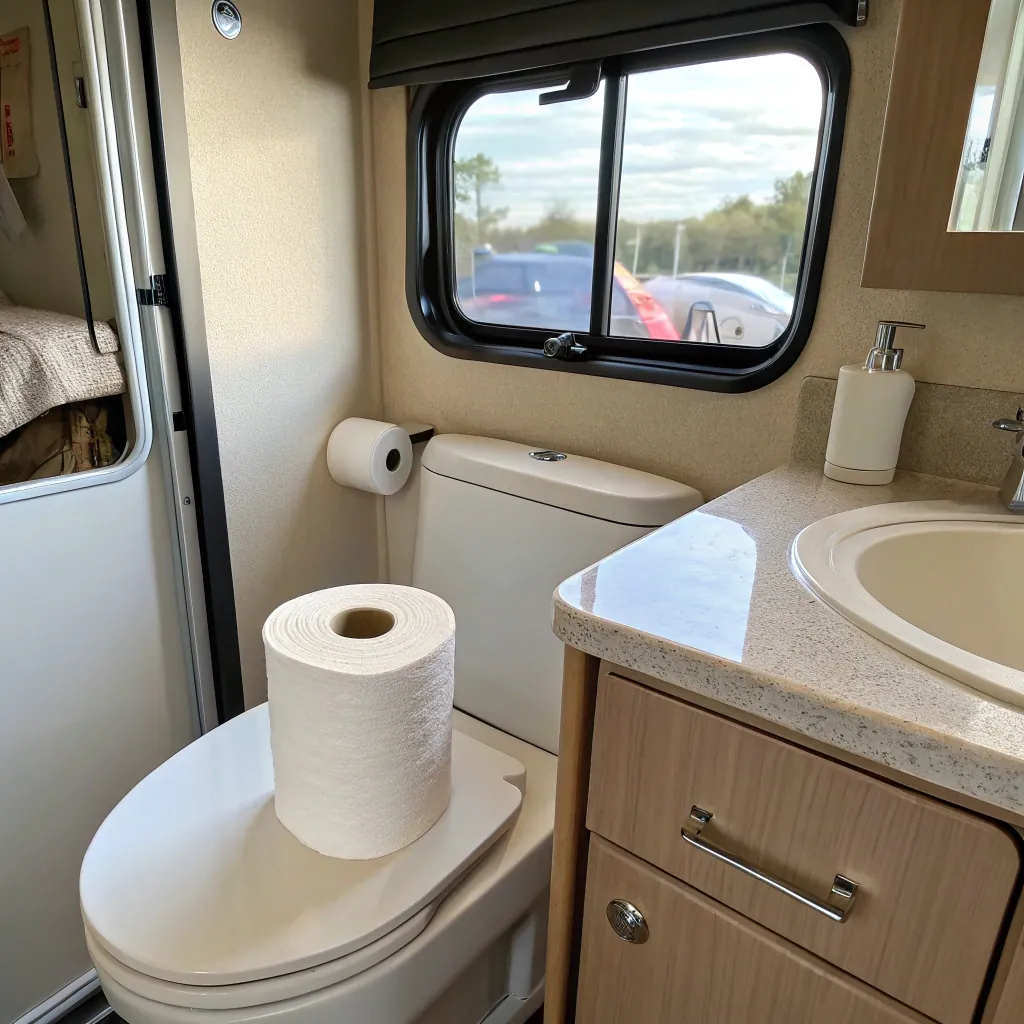 Interior of an RV bathroom showing a toilet with a roll of toilet paper on it, adjacent to a sink and countertop, with a window view.