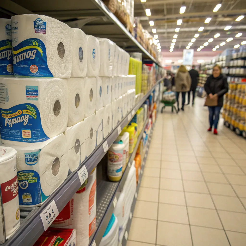 A supermarket aisle with shelves stocked with toilet paper and cleaning supplies, shoppers in the background.