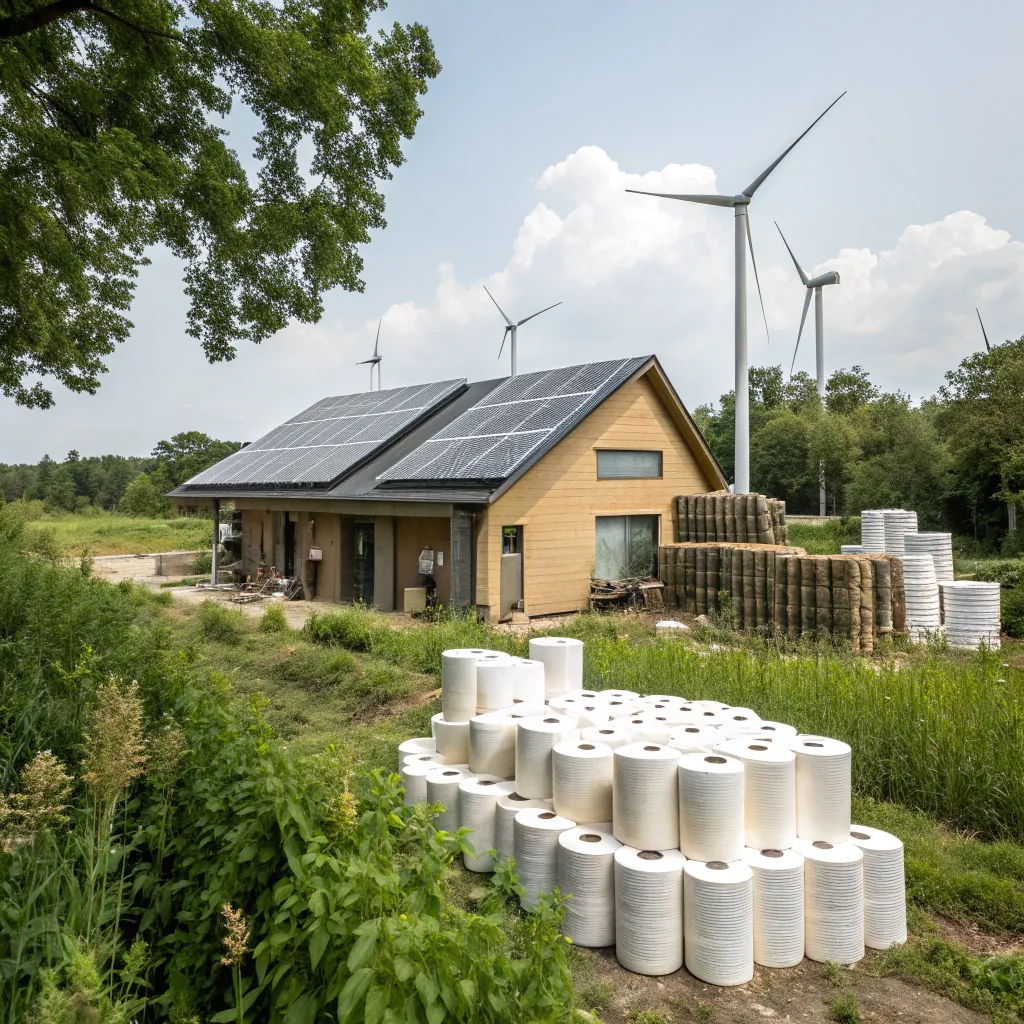 House with solar panels on roof, wind turbines in background, and rolls of materials stacked outside in a rural setting.
