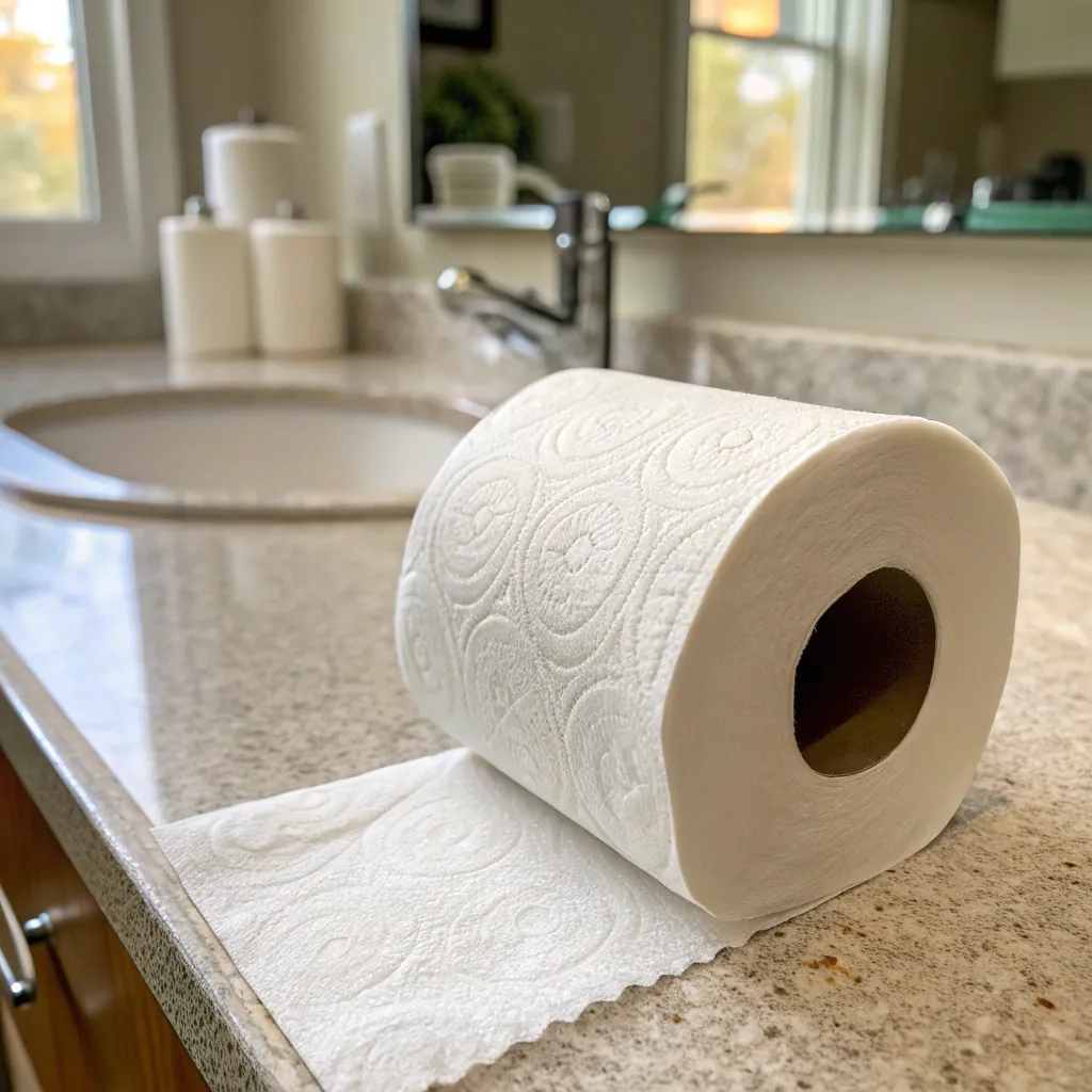 A roll of toilet paper sits on a granite bathroom counter near a sink, with sunlight streaming in through a window.