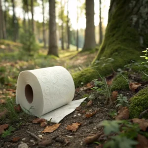 A roll of toilet paper resting on the forest floor, surrounded by trees and moss, capturing a serene natural scene.