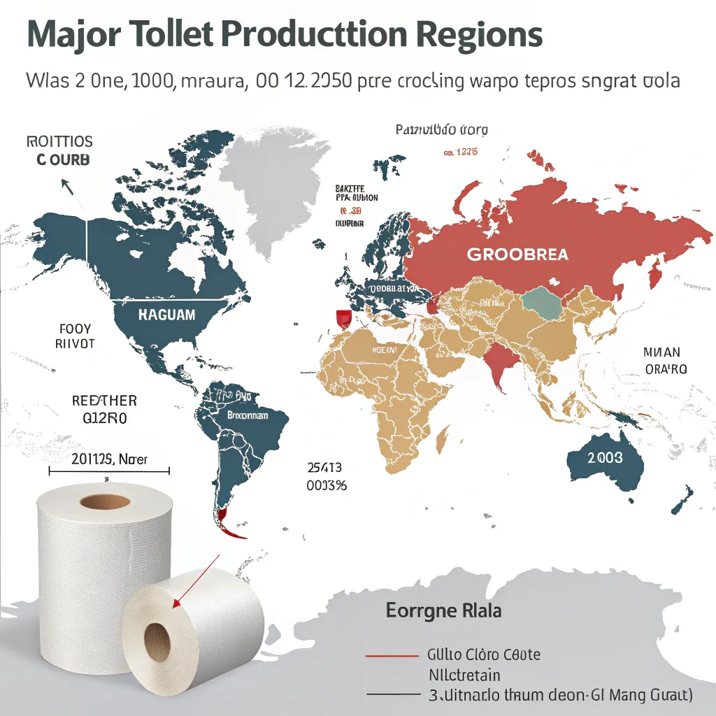 A satirical world map highlighting humorous regions for toilet paper production with rolls depicted and unintelligible text.