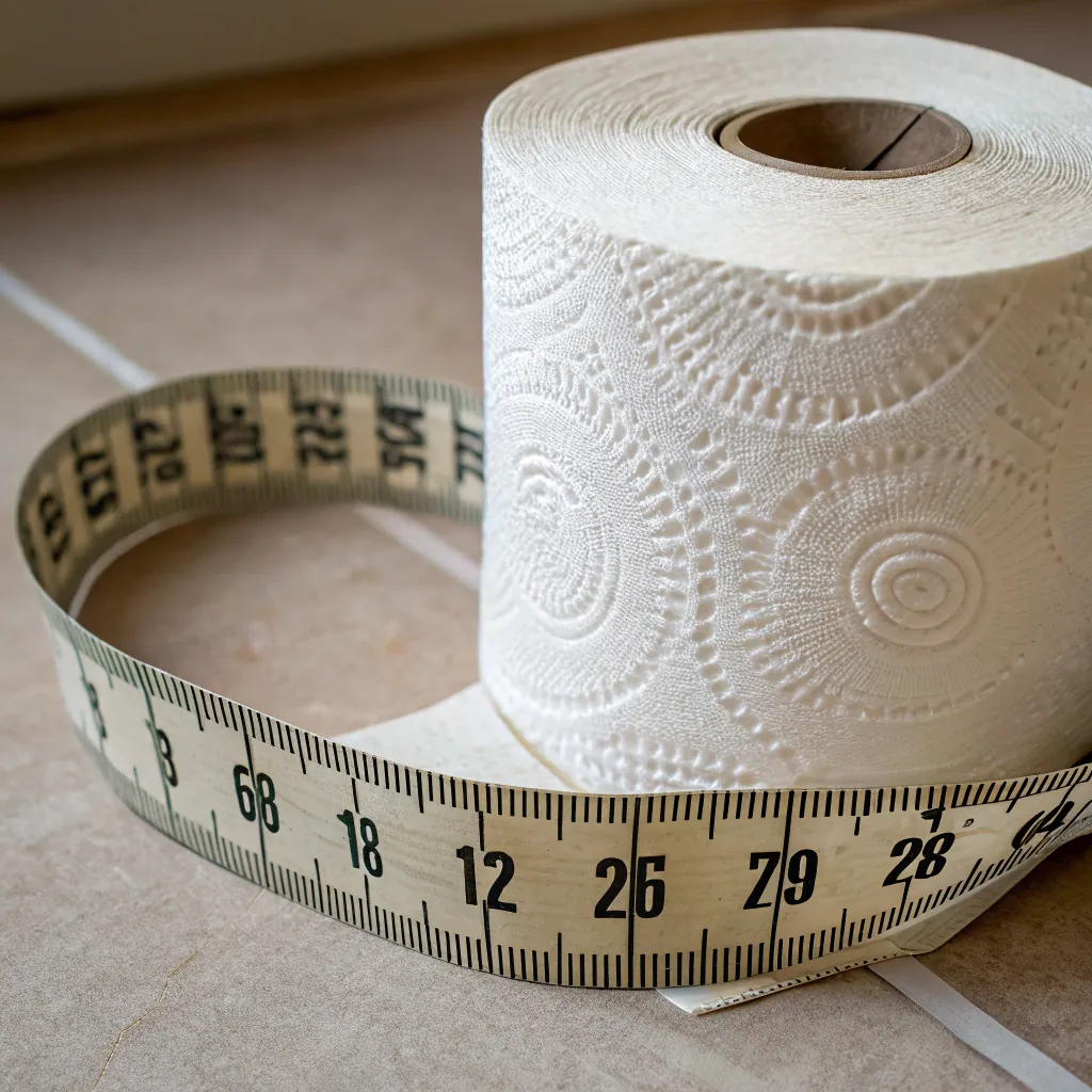 Toilet paper roll standing on a tiled surface, encircled by a measuring tape depicting precise measurement.