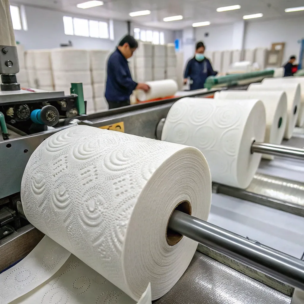 Close-up of toilet paper rolls on a manufacturing machine in a factory, with two workers in the background inspecting the products.