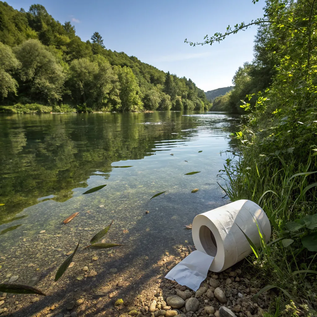Roll of toilet paper placed on a riverbank amid lush greenery with a calm river flowing under a clear blue sky.