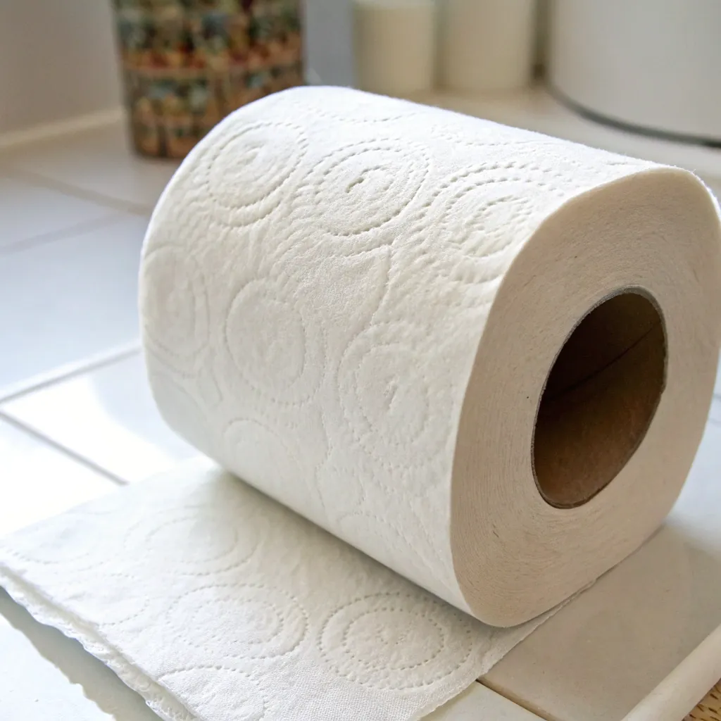 A close-up view of a toilet paper roll with embossed circular patterns, placed on a white tiled surface.