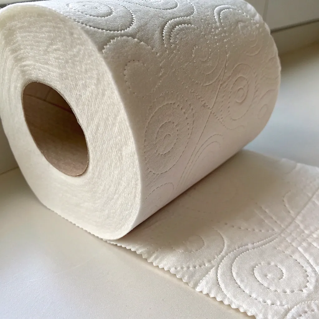 A close-up of a textured, embossed toilet paper roll on a white surface, showing detailed patterns.