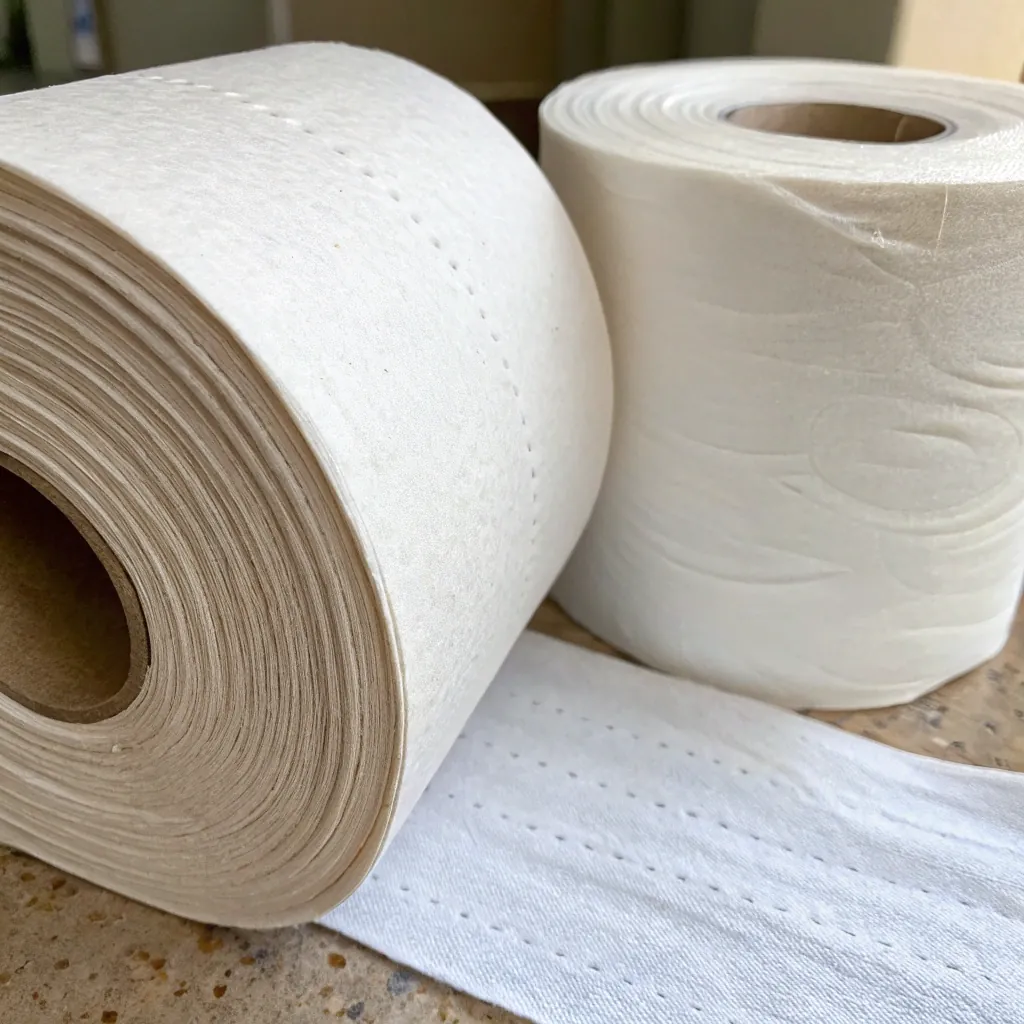 Two rolls of toilet paper on a speckled tabletop, one roll partially unrolled, showing perforated sheets.