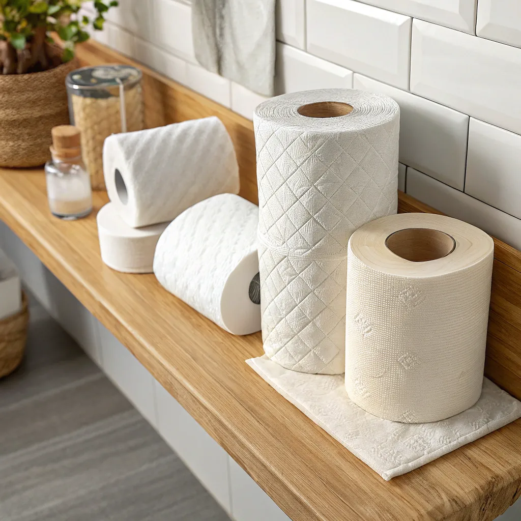 Different toilet paper rolls arranged on a wooden shelf in a bathroom setting, with a minimalistic and clean aesthetic.