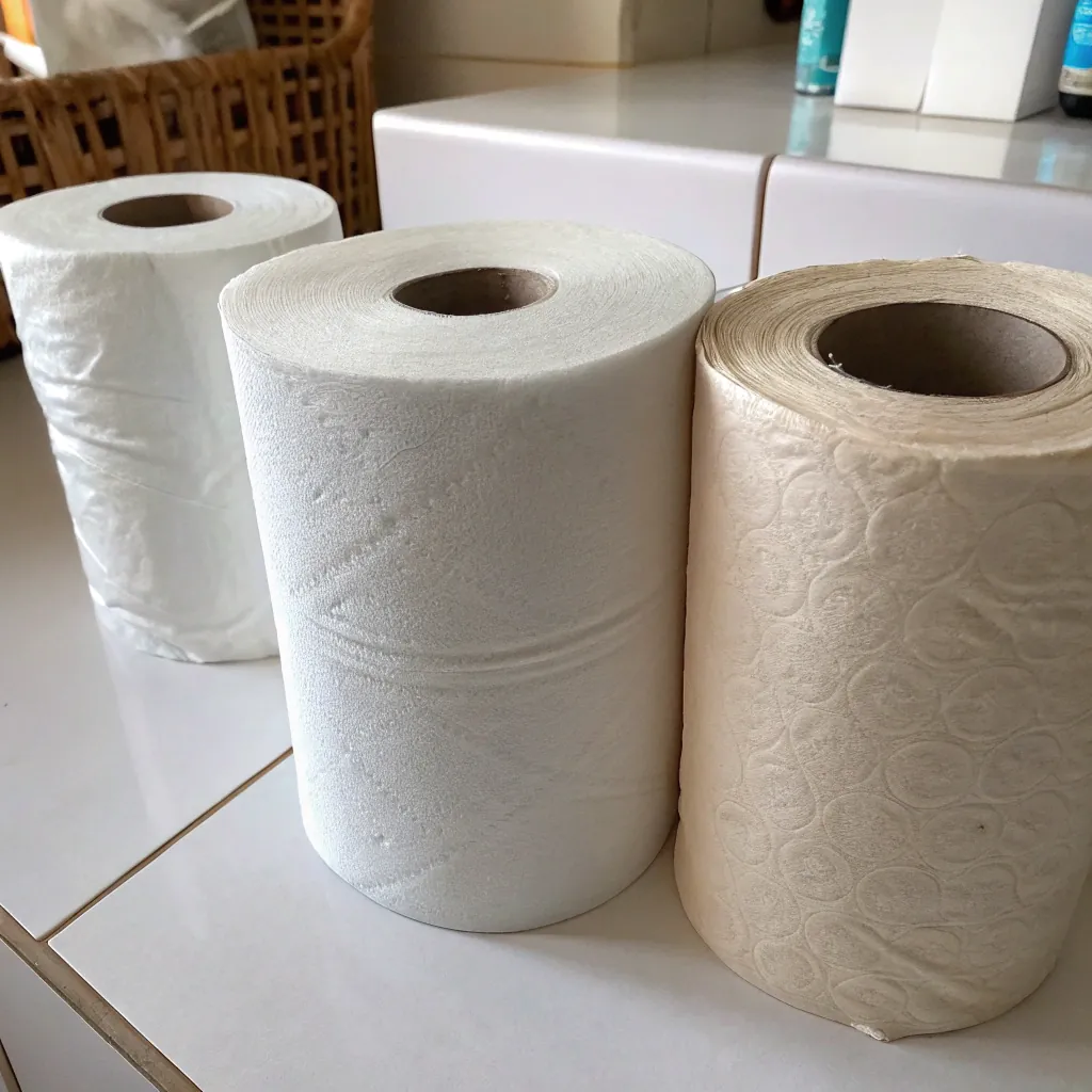 Three toilet paper rolls, two white and one beige, placed on a white countertop.