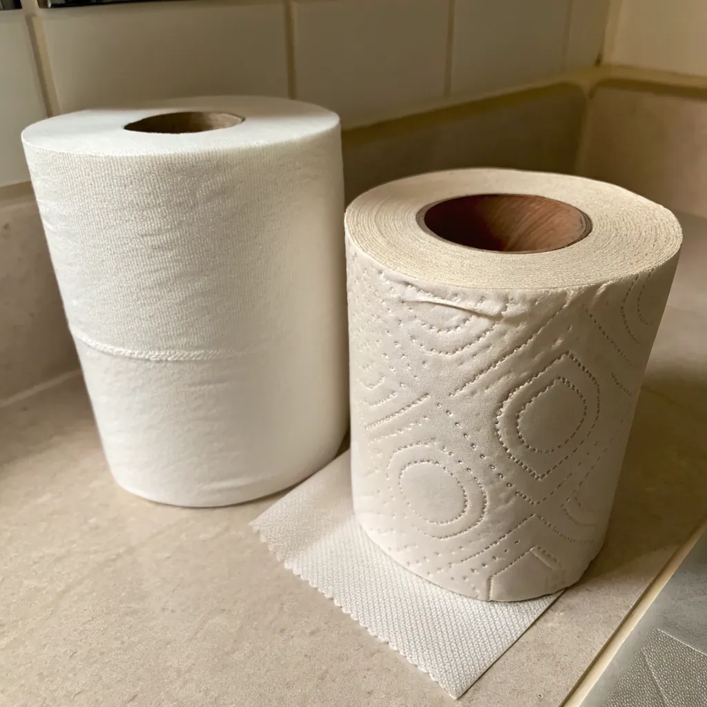 Two toilet paper rolls on a bathroom countertop, one plain and one patterned, showcasing texture and design differences.