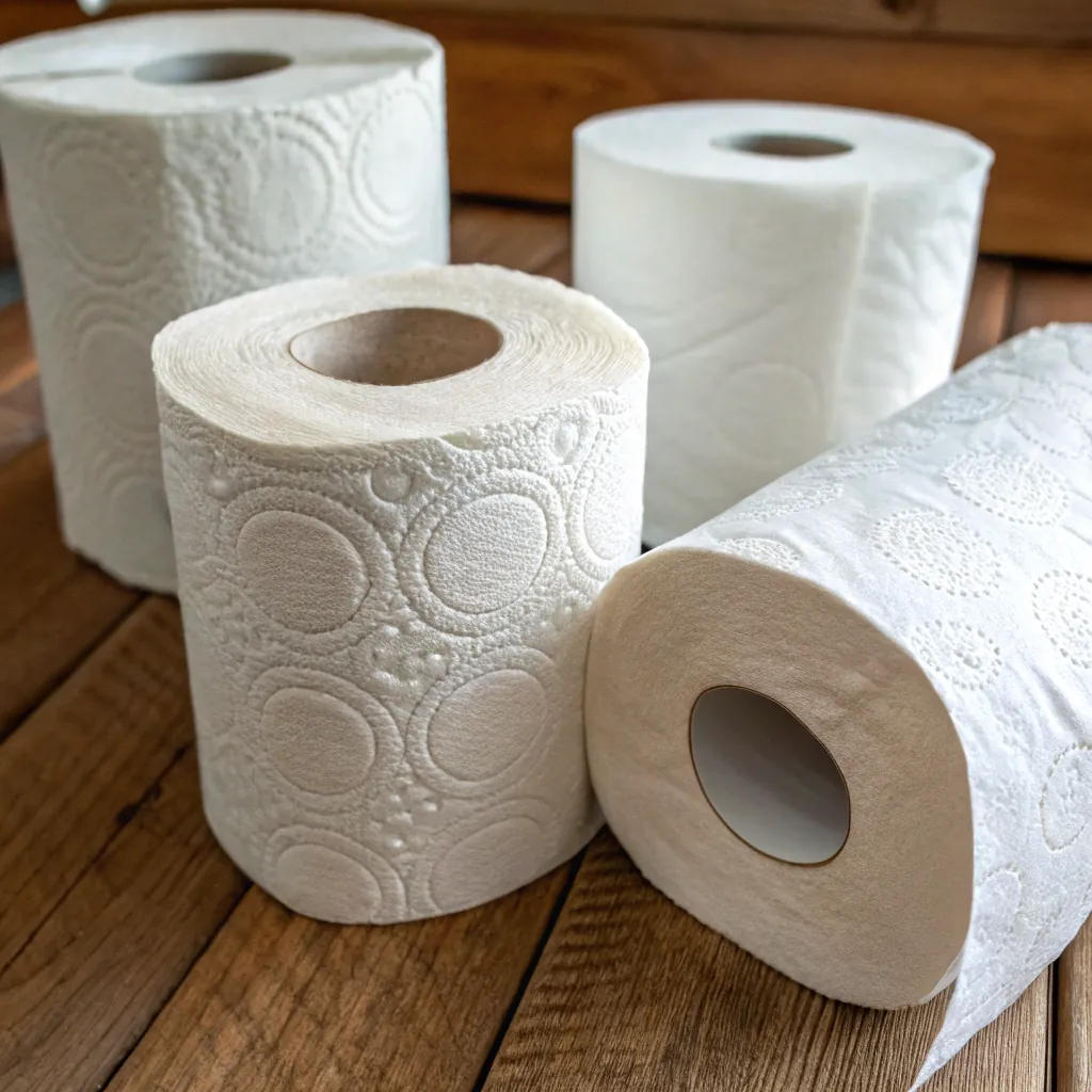 Four toilet paper rolls with embossed patterns, placed on a wooden surface, with varying orientations and distance between them.