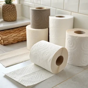 Several toilet paper rolls with various textures and designs arranged decoratively on a tiled surface, with a wicker basket and a small decorative pineapple nearby.