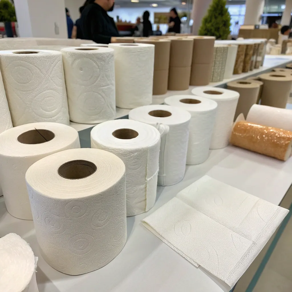 Assorted toilet paper rolls, including white and brown, neatly arranged on a table in a store setting.