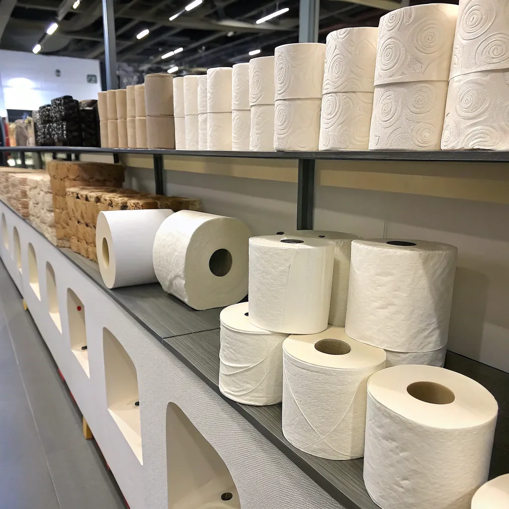 Various toilet paper rolls neatly displayed on shelves in a store, showcasing different textures and sizes under bright lighting.