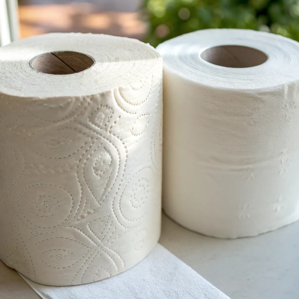Close-up view of two toilet paper rolls, one with embossed patterns, side by side on a light surface.