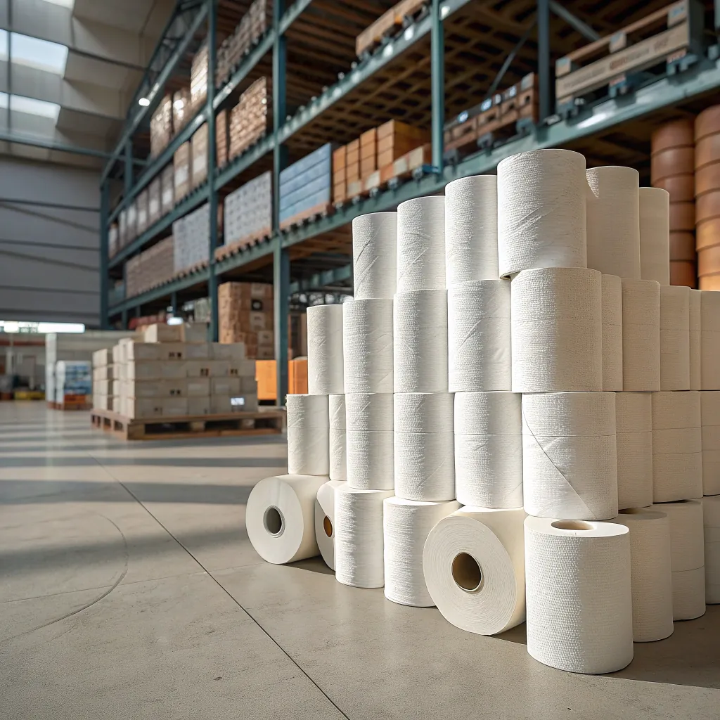 Stack of white toilet paper rolls in a large warehouse with shelves filled with boxes and products in the background.